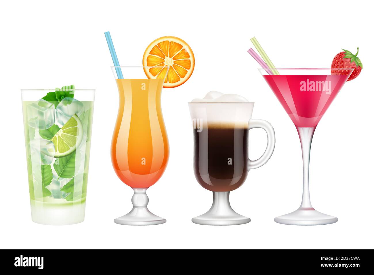 Summer cocktails realistic. Alcoholic drinks in glasses with ice
