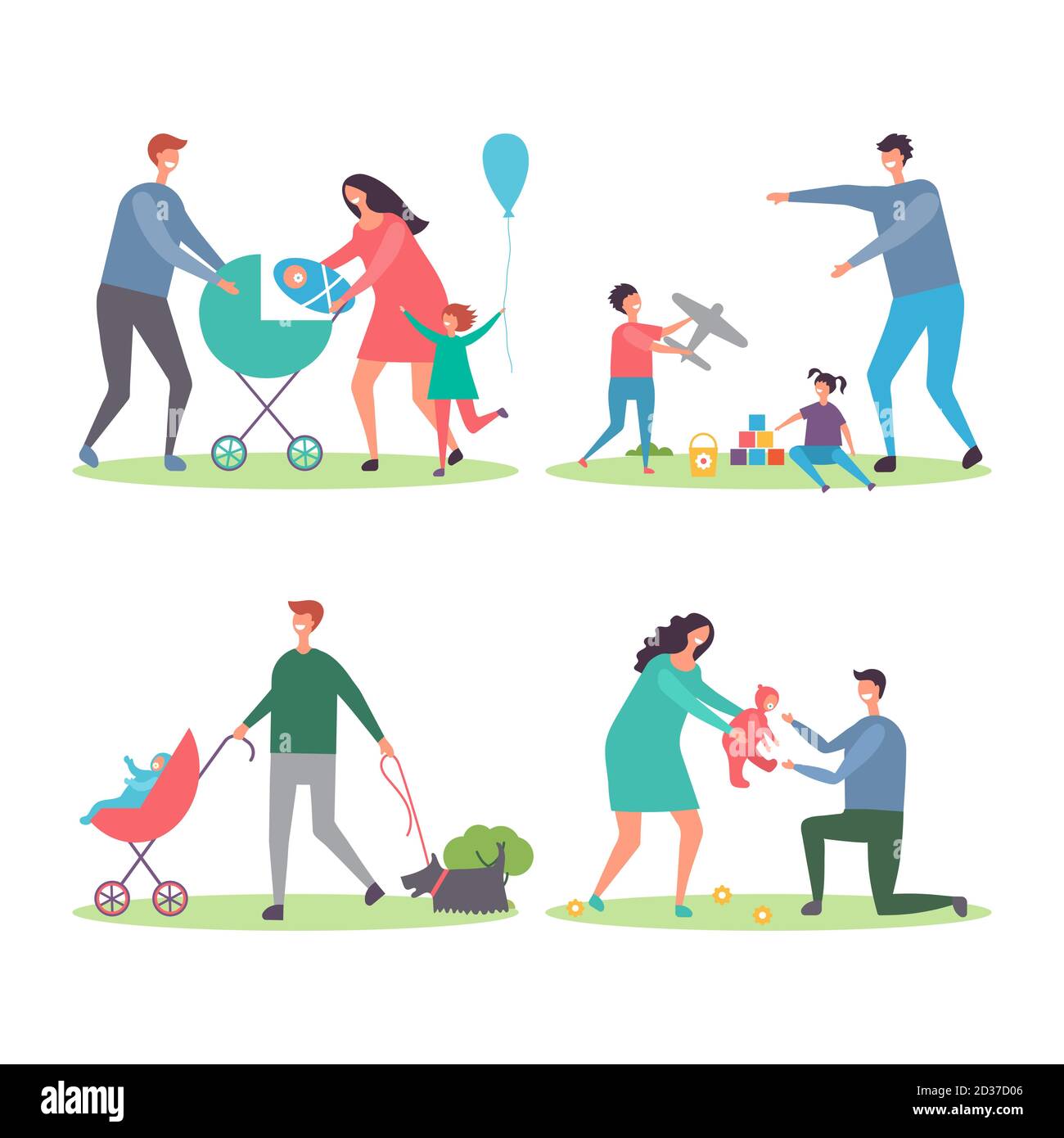 Happy families with kids and dogs. Mothers and fathers walking and playing with children in the city park vector illustration Stock Vector