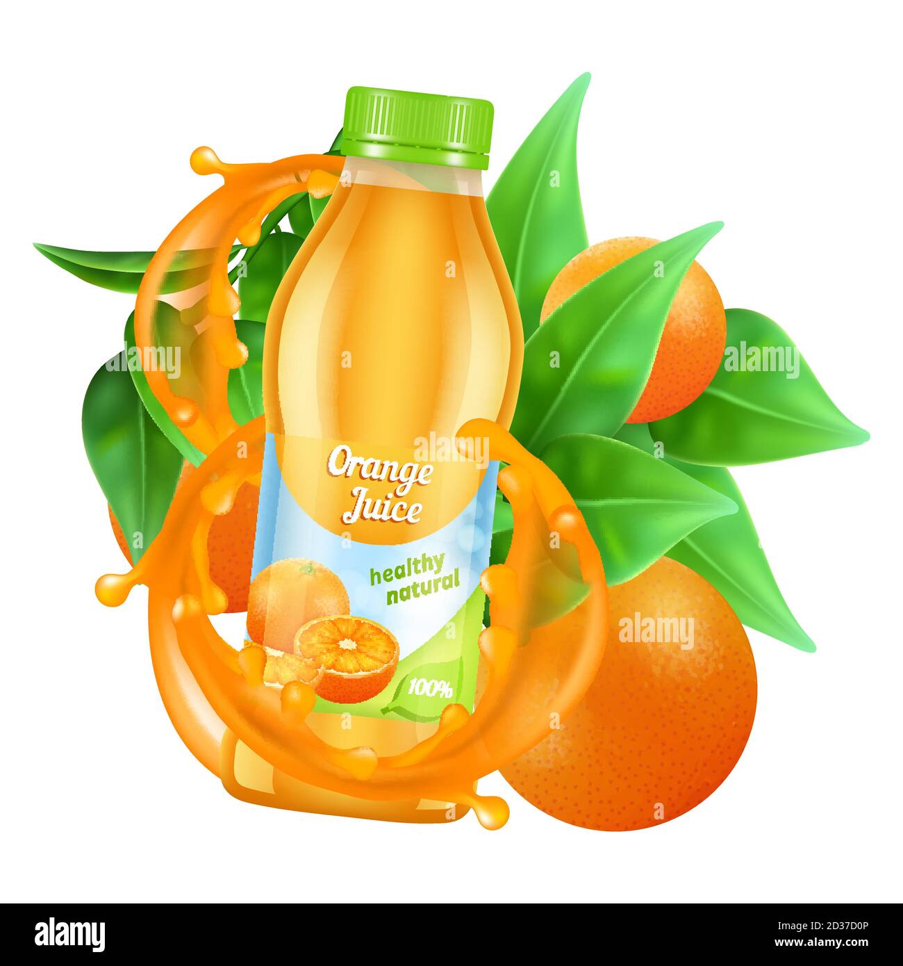 Fresh orange juice vector. Realistic juice bottle, leaves and orange