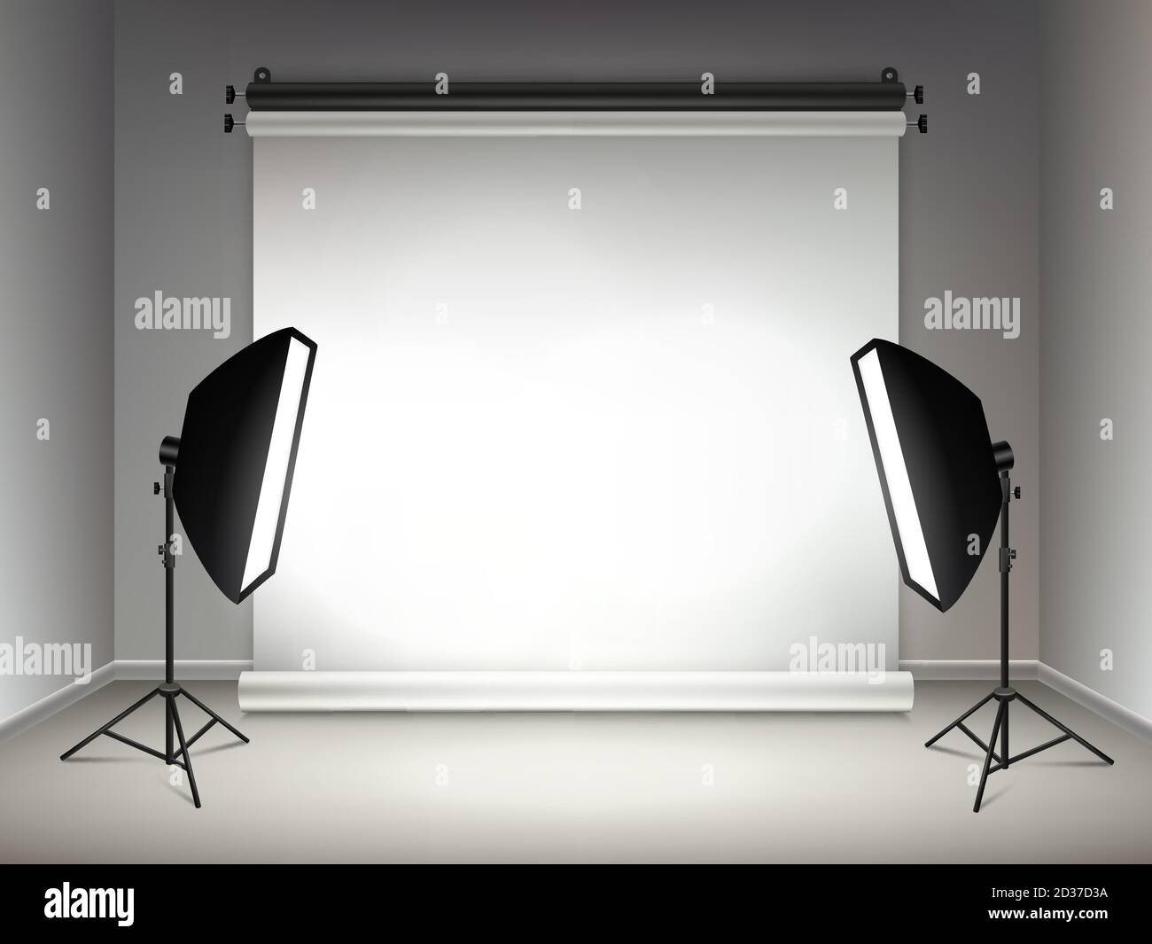 Shining stage. Illumination and glow light effects from projectors softboxes lamps and spotlights vector realistic background Stock Vector