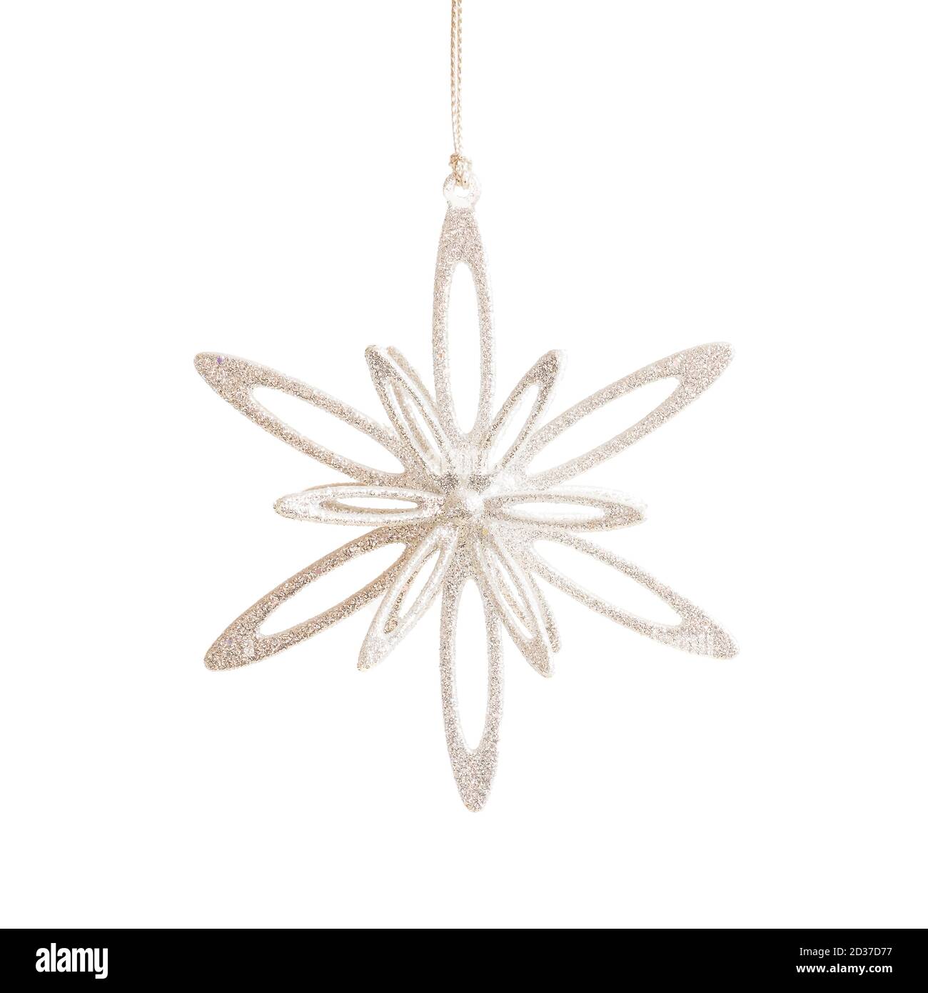 Hanging Christmas and New Year silver sparkling star isolated on white. Stock Photo