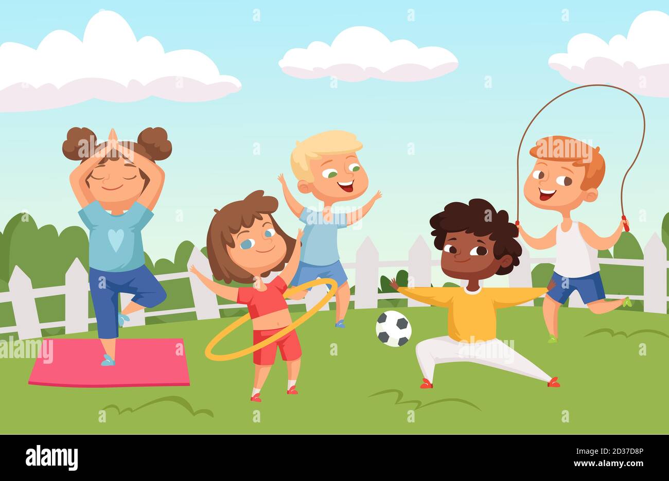 Happy active kids characters. Summer outdoor activity - childhood vector background Stock Vector