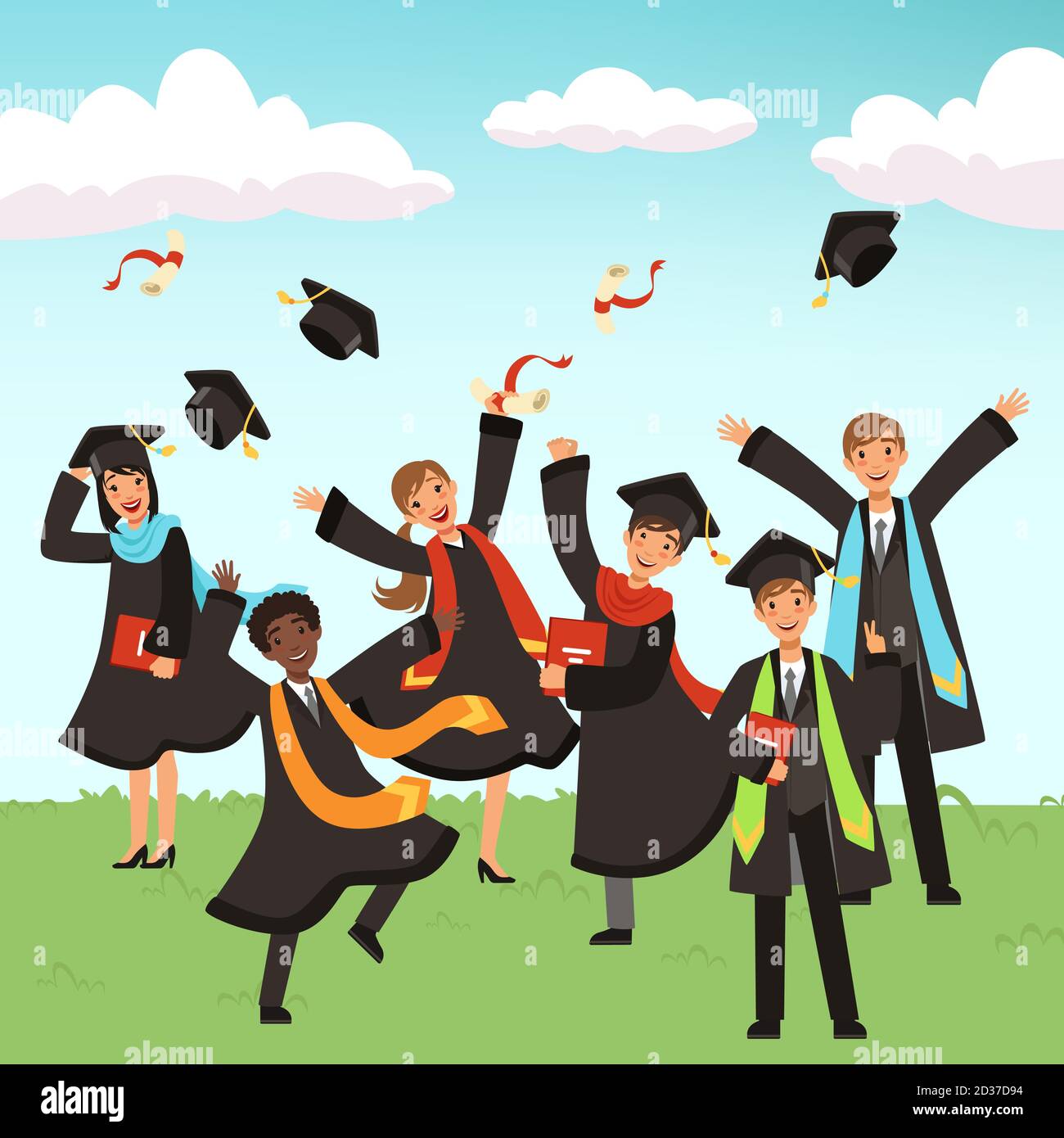 Happy international graduates with diplomas and graduation hats vector illustration Stock Vector
