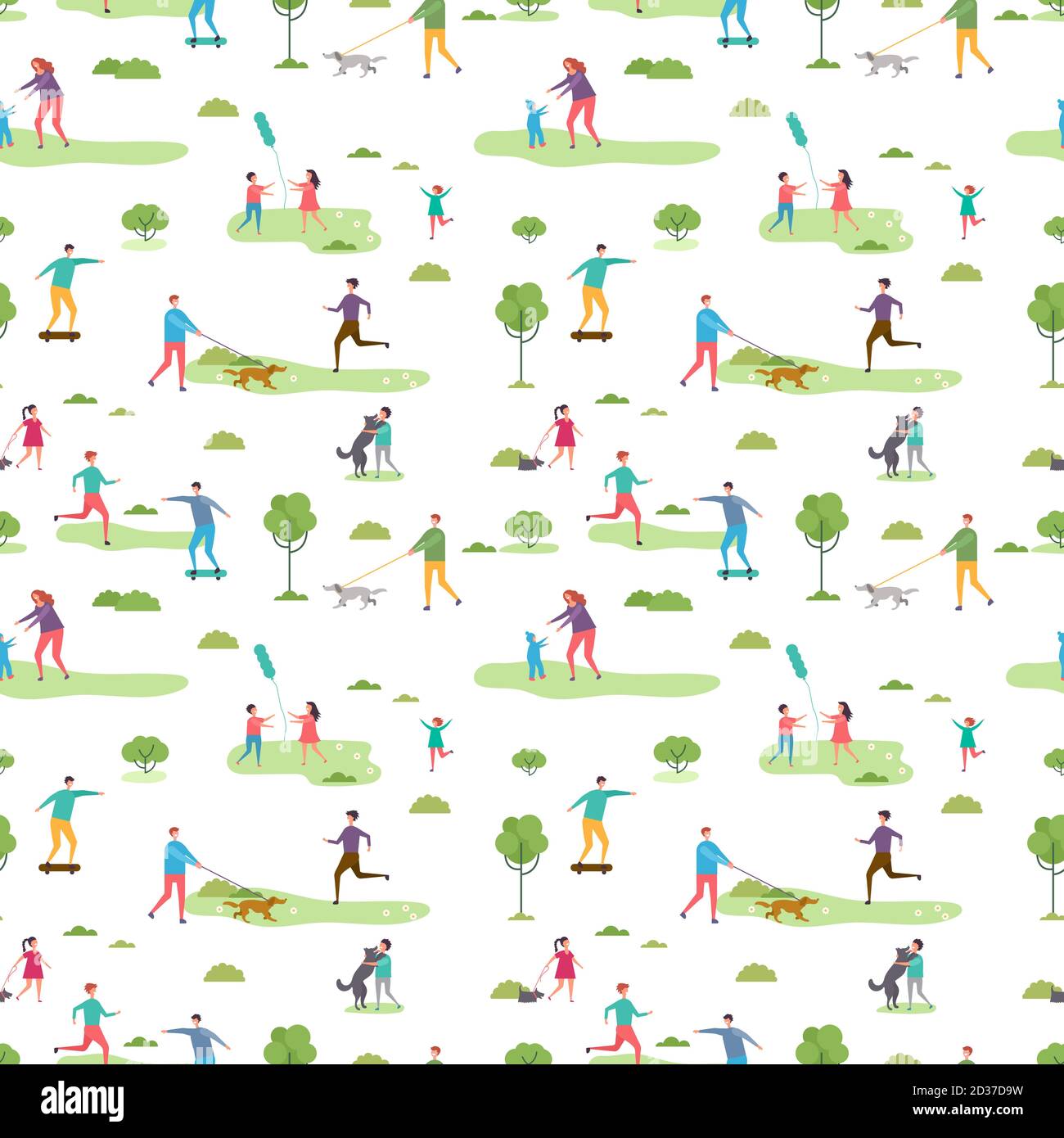 Outdoor activity seamless pattern. Cartoon characters walking peoples and kids vector illustration Stock Vector