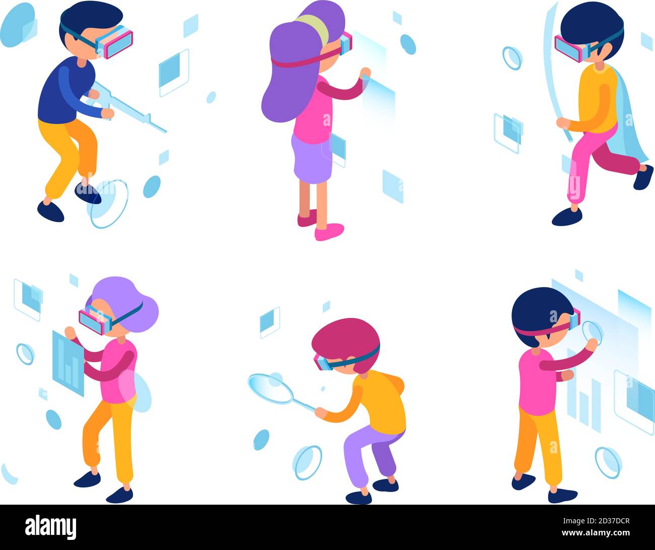 Futuristic people. Virtual reality augmentation persons male female future new technology managers workers vector isometric characters Stock Vector