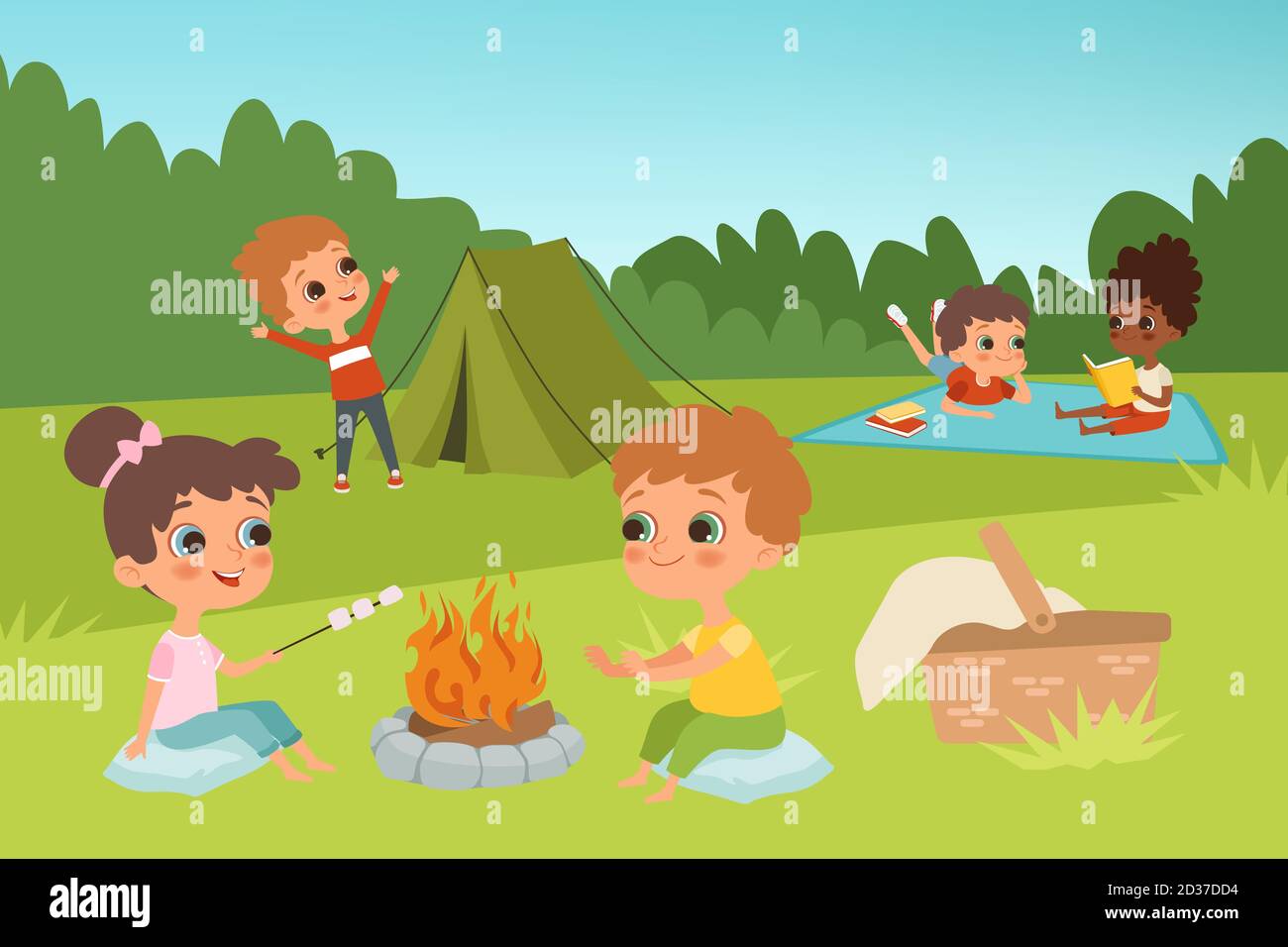 Kids summer camp vector background with children characters and camping
