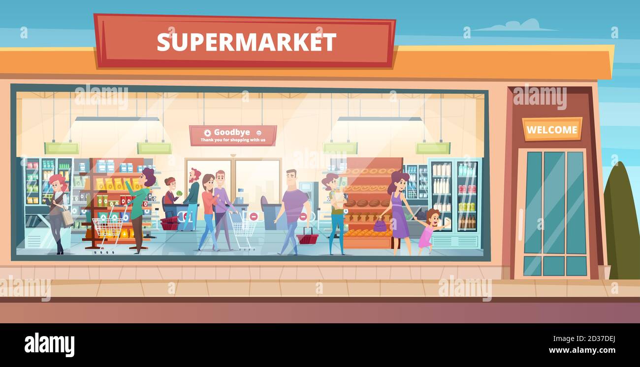 Supermarket facade. People shopping in product hypermarket grocery food store with male and female buyers vector background Stock Vector