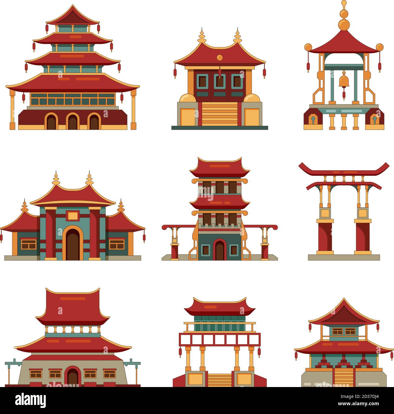 China traditional buildings. Cultural japan objects gate pagoda palace vector cartoon collection of buildings Stock Vector