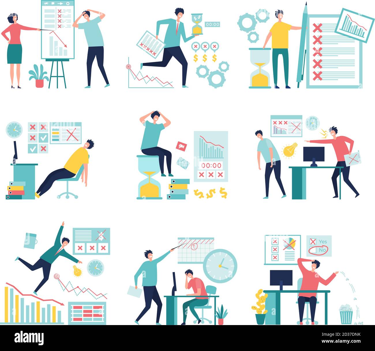 Business fail. Lossing managers bad management processes failed paperwork low graphs and indicators vector concept Stock Vector