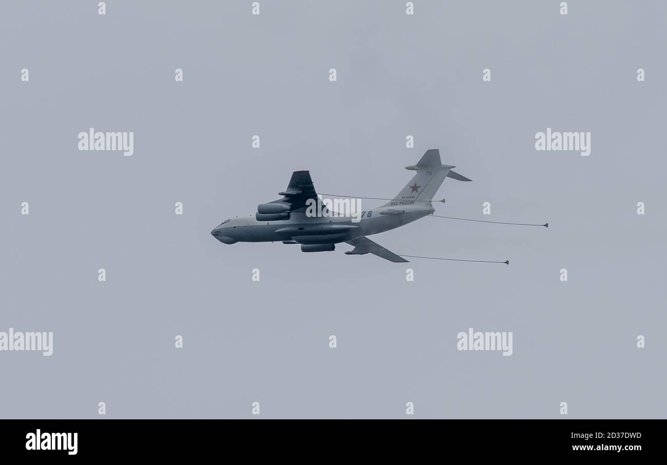 May 9, 2020, Moscow, Russia. Ilyushin Il-78 tanker plane in a cloudy sky. Stock Photo