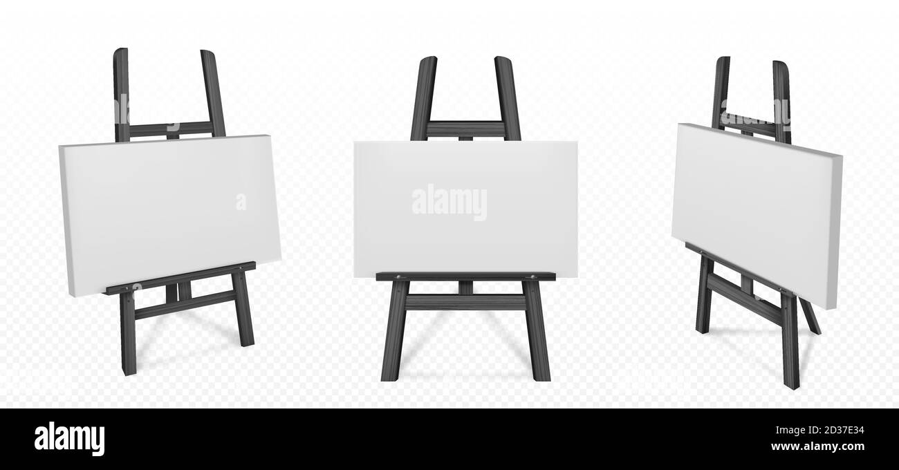 Black wooden easel with white canvas in front and angle view. Vector  realistic mockup of wood