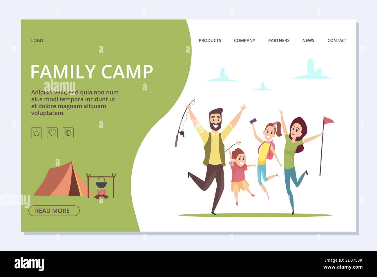 Family camp landing page. Vector happy cartoon family, adventure time banner Stock Vector