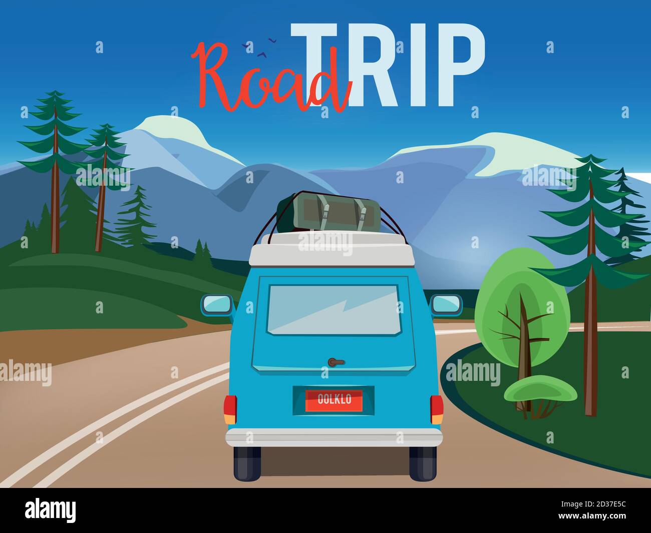 Road trip. Moving car on the road summer landscape background countryside adventure vector cartoon illustration Stock Vector