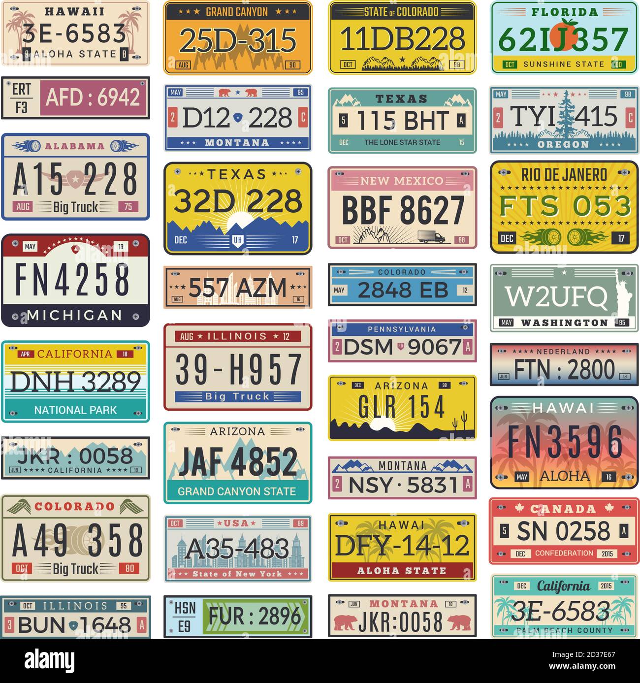 Car plates. Set of american vehicles automobile number license vector illustrations Stock Vector