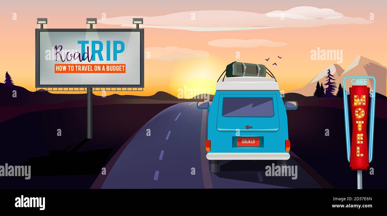 Road trip. Adventure on the road in car summer vacation urban landscape vector background Stock Vector