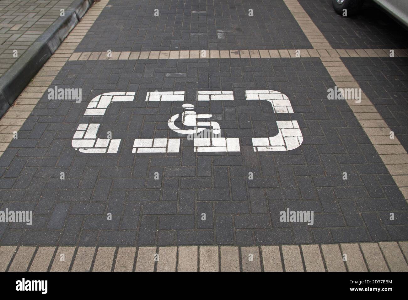 Space marked with white disabled parking symbol painted in white and delimited by light beige tile on gray sidewalk parking lot near by institution Stock Photo