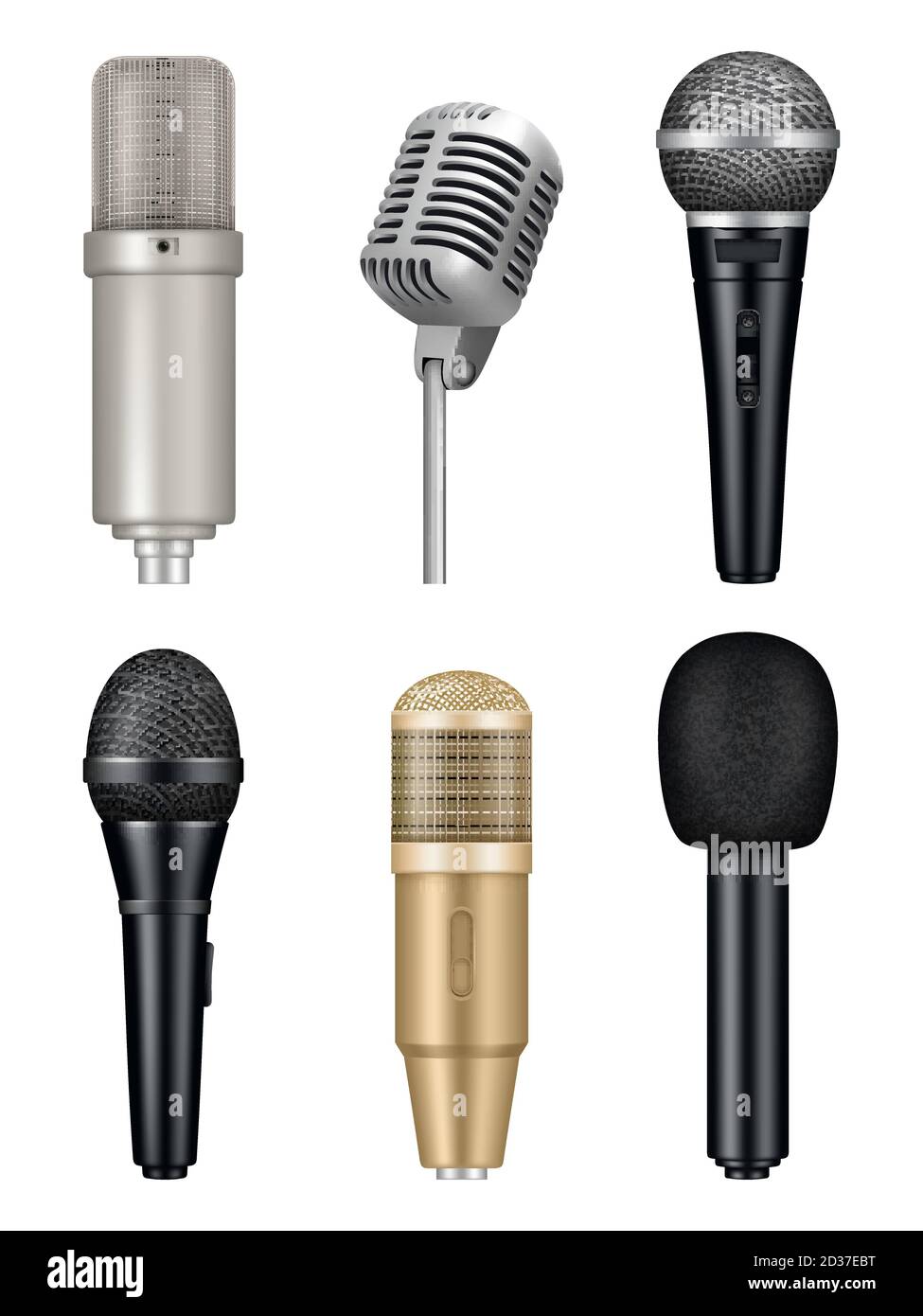 Microphones realistic. Professional media music studio equipment metal sound mic vector pictures Stock Vector