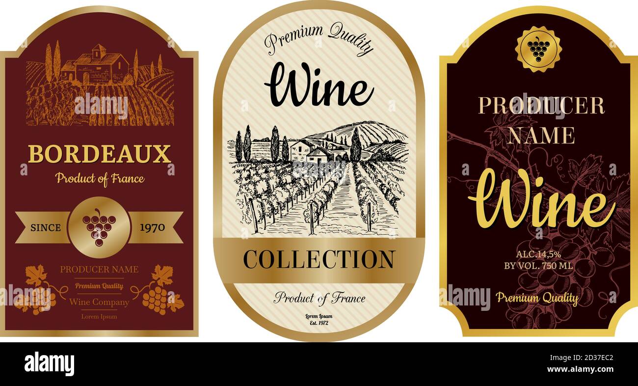 Vintage wine labels. Alcohol badges with pictures of vineyard chateau village bordeaux labels vector collection Stock Vector