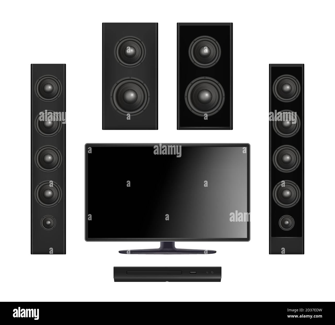 Screen tv. Flat plasma multimedia video system with console and sound speaker digital monitor vector realistic Stock Vector