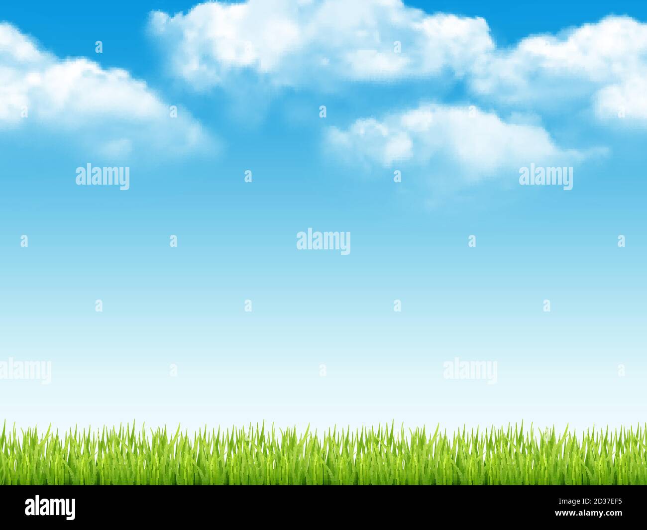 Nature landscape. Fresh background with green grass blue sky with clouds dream field vector realistic seamless pattern Stock Vector