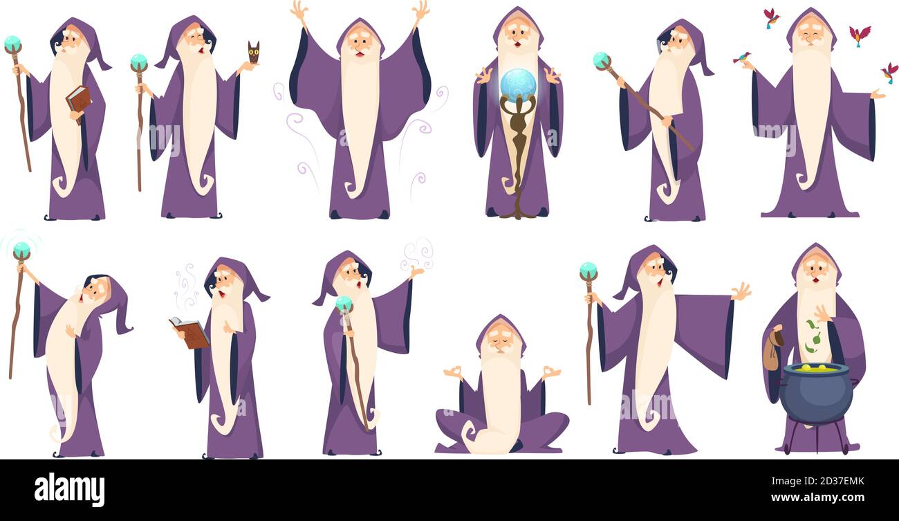 Wizard. Mysterious male magician in robe spelling oldster merlin vector cartoon characters Stock Vector