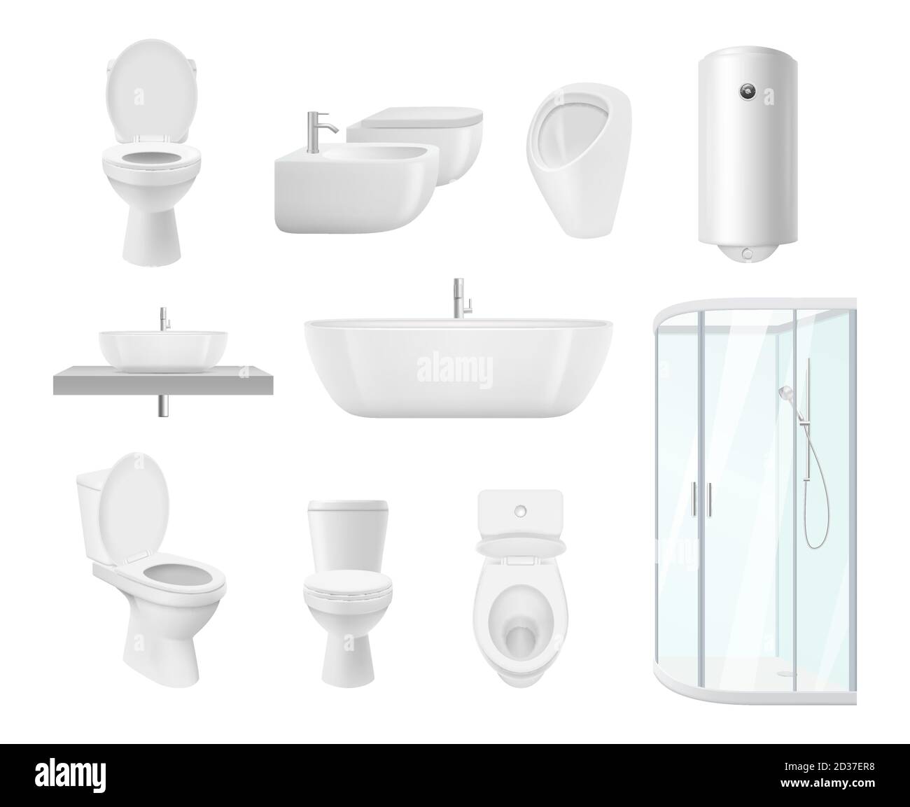 Bathroom collection. Washroom toilet sink modern white objects of bathroom vector realistic pictures Stock Vector