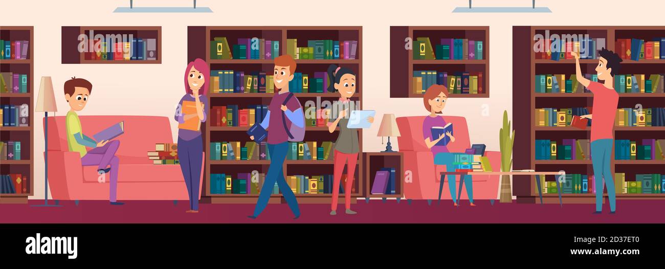 Library background. Kids students choosing books on the shelves in  biblioteca vector cartoon illustrations Stock Vector Image & Art - Alamy
