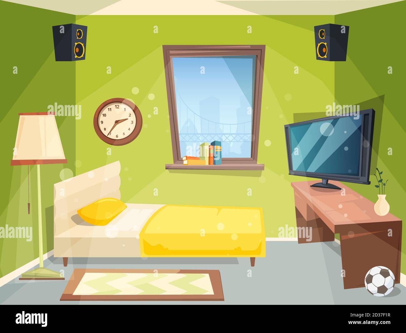 Teen room. Small bedroom for kids student apartment inside of house modern interior vector cartoon Stock Vector