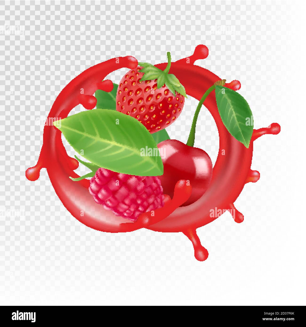 Garden and wild berries. Vector realistic juice splash, raspberry, strawberry, cherry isolated on transparent background Stock Vector