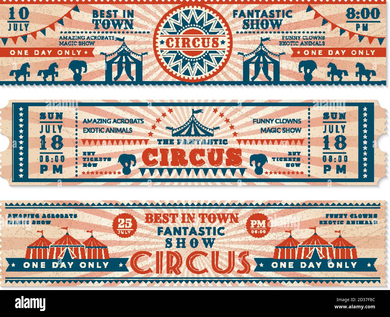 Circus tickets. Horizontal banners invitation for circus show carnival retro web vector banners Stock Vector