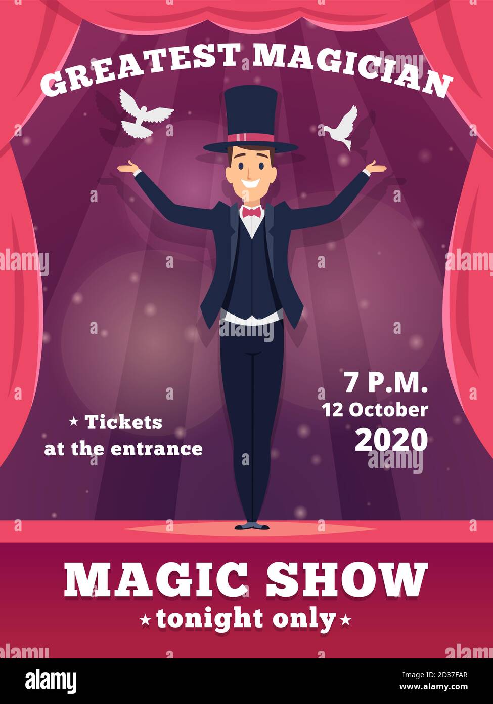 Magic poster invitation. Circus magician show placards vector template red curtains shows of wizard tricks vector background Stock Vector