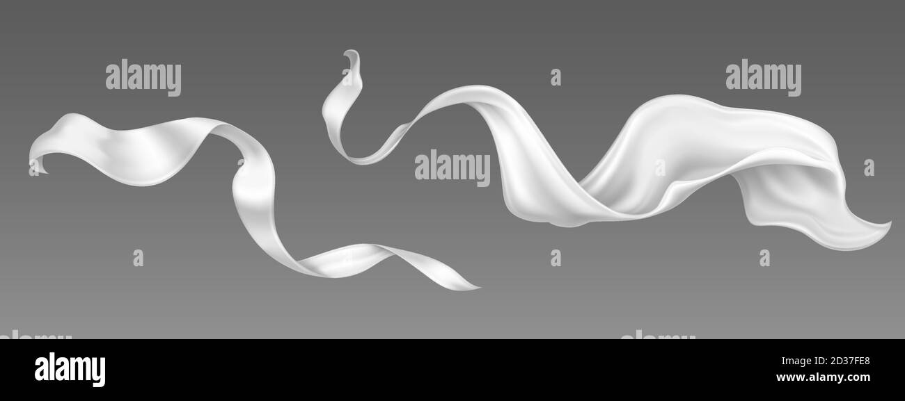 Flying white silk ribbon and satin fabric. Vector realistic set of billowing velvet clothes, scarf or cape in blowing wind. Luxury white textile drapery, flowing tissue isolated on grey background Stock Vector