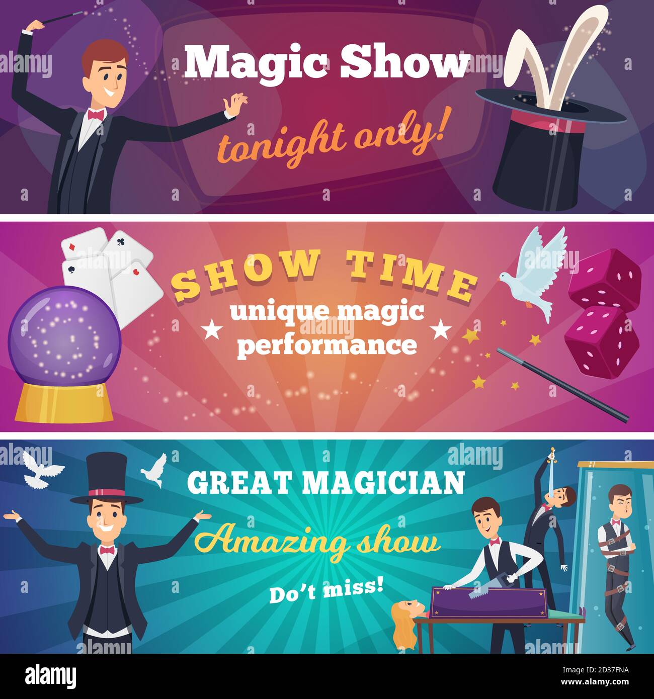Circus party banners. Magic show with wizard characters circus tricks vector cartoons background Stock Vector