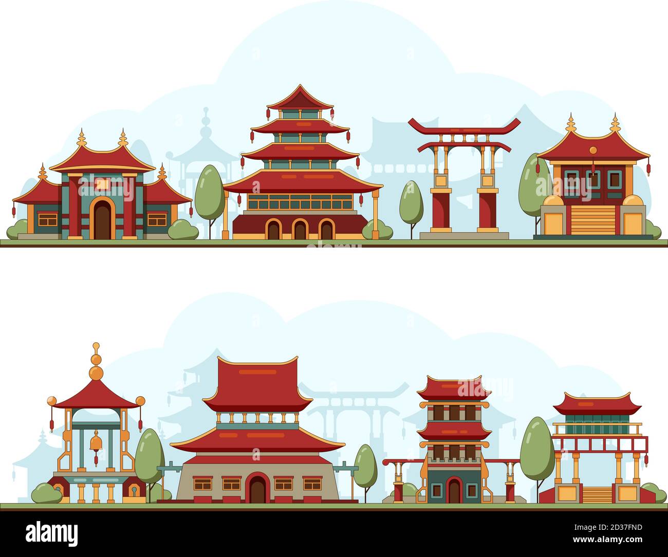 Japan landscape. Traditional china cultural buildings architecture template pagoda palace vector background illustration Stock Vector