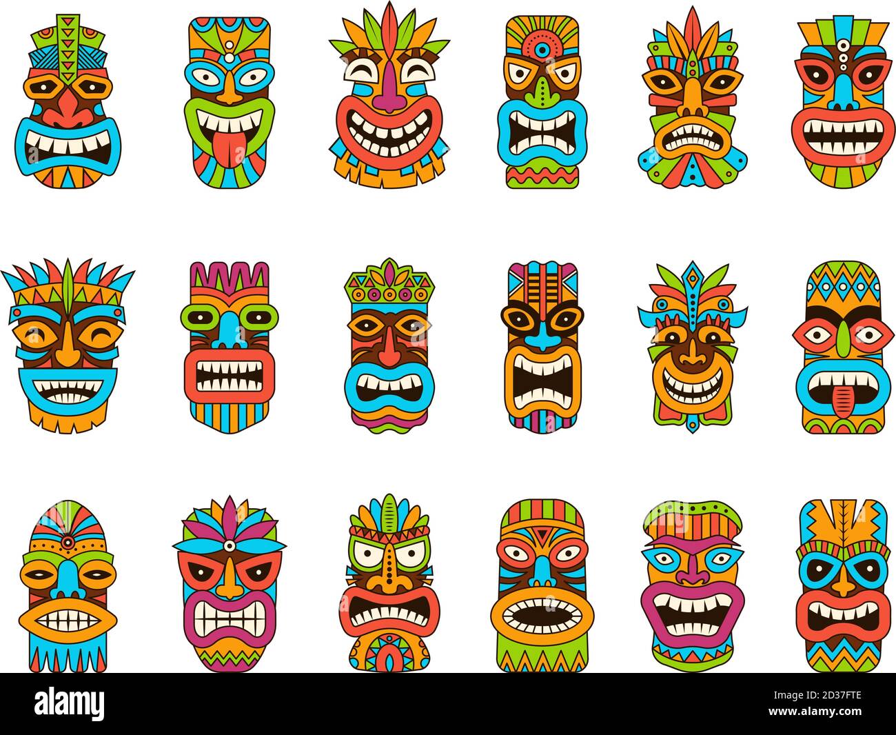 Tiki masks. Tribal hawaii totem african traditional wooden symbols vector colored mask illustrations Stock Vector
