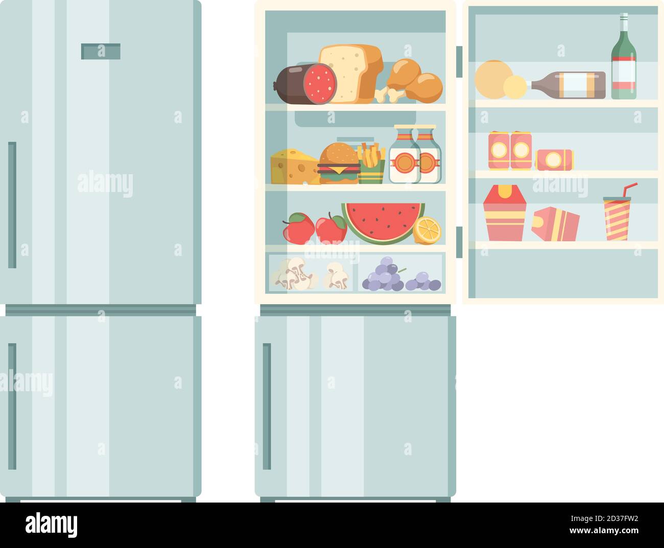 Open refrigerator. Healthy food in frozy refrigerator vegetables meat juce cakes steak supermarket products vector pictures Stock Vector