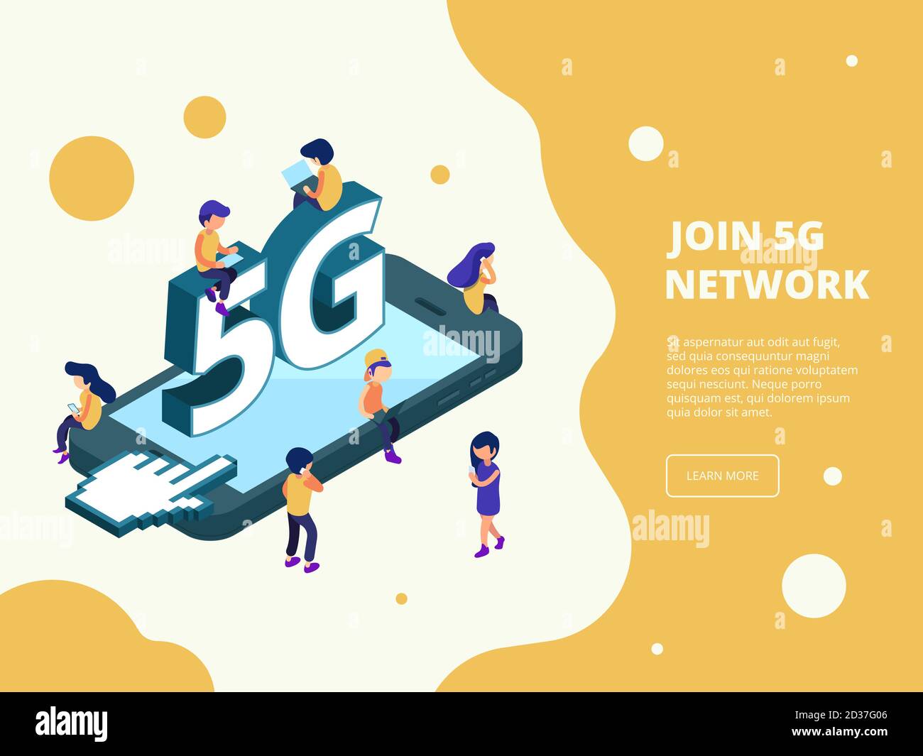 5g isometric. Smartphone broadcasting characters male female people gadgets connecting to 5g telecommunications digital vector concept Stock Vector