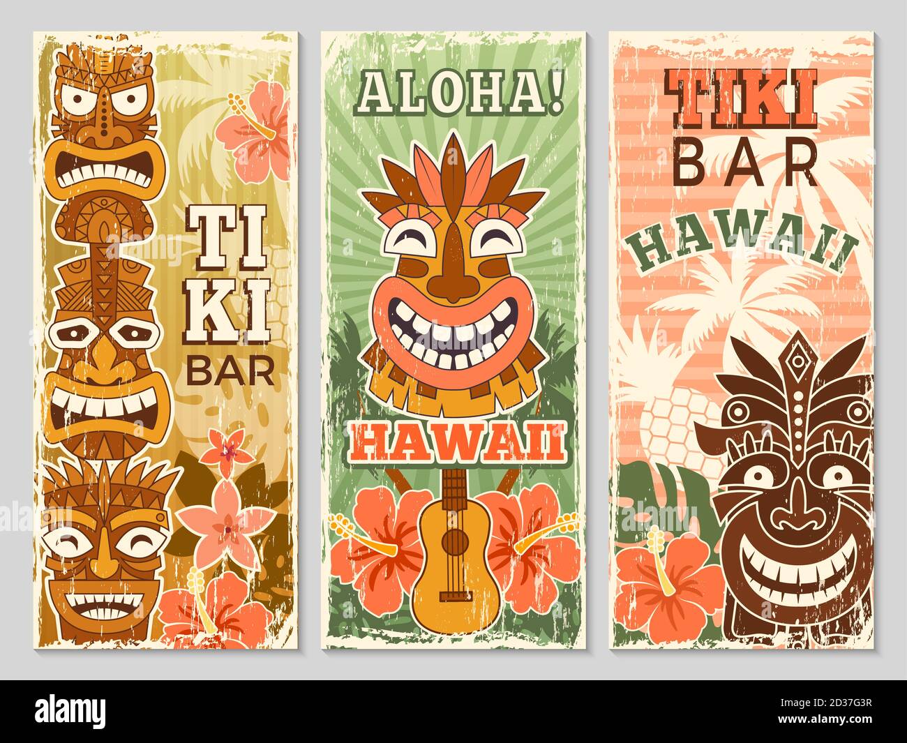 Hawaii retro banners. Aloha tourism summer adventure dancing party in