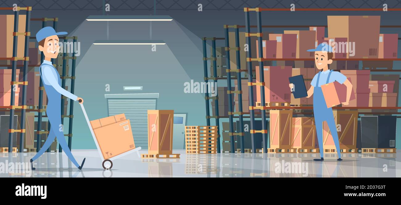 Warehouse interior. Big room with boxes on pallet shelves people ...