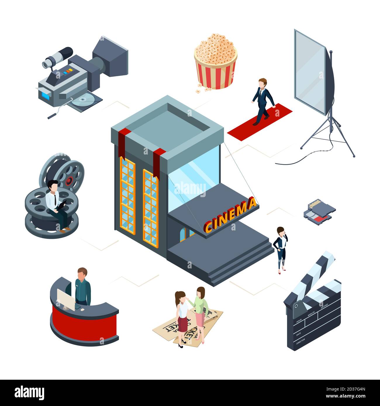 Isometric cinema vector concept. Film production 3D illustration Stock Vector