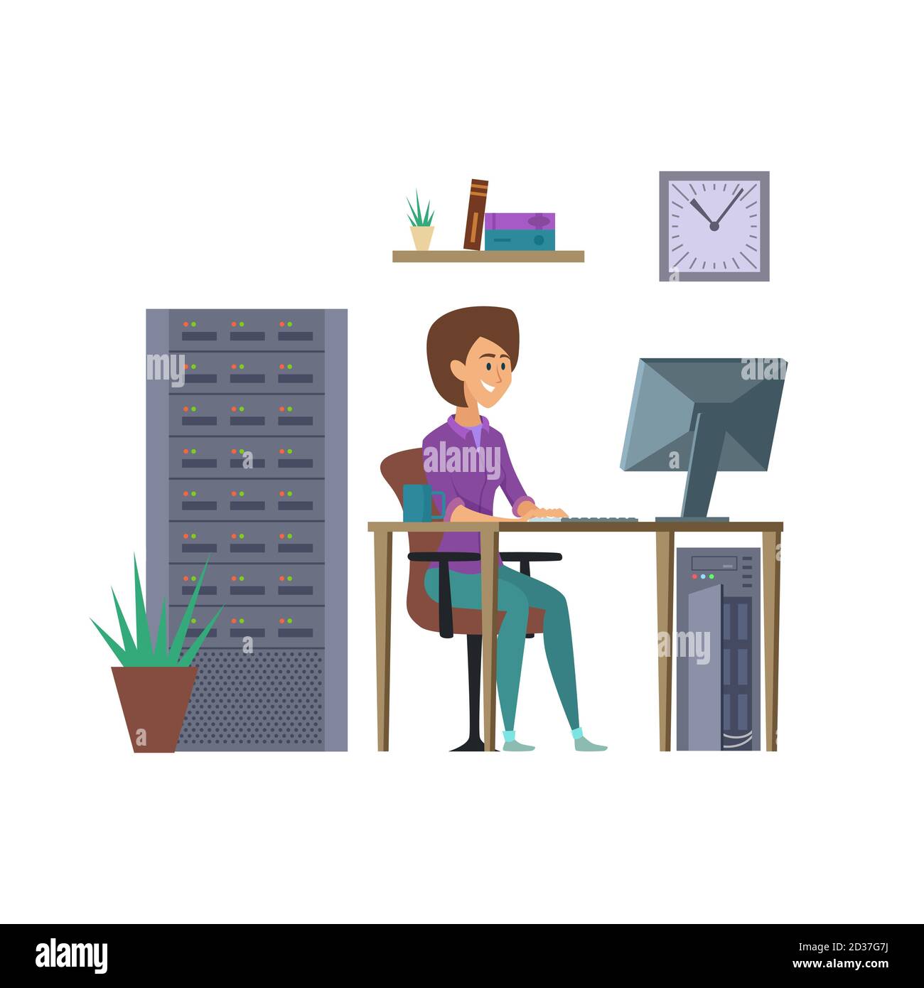 Female programmer vector. IT developer character with computer illustration Stock Vector