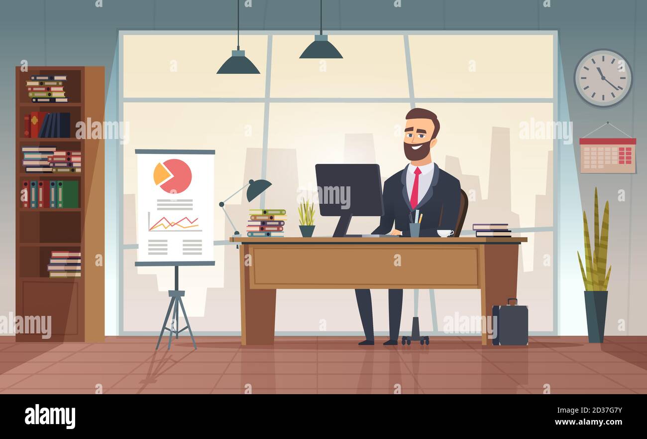 Director office. Interior businessman sitting at the table vector