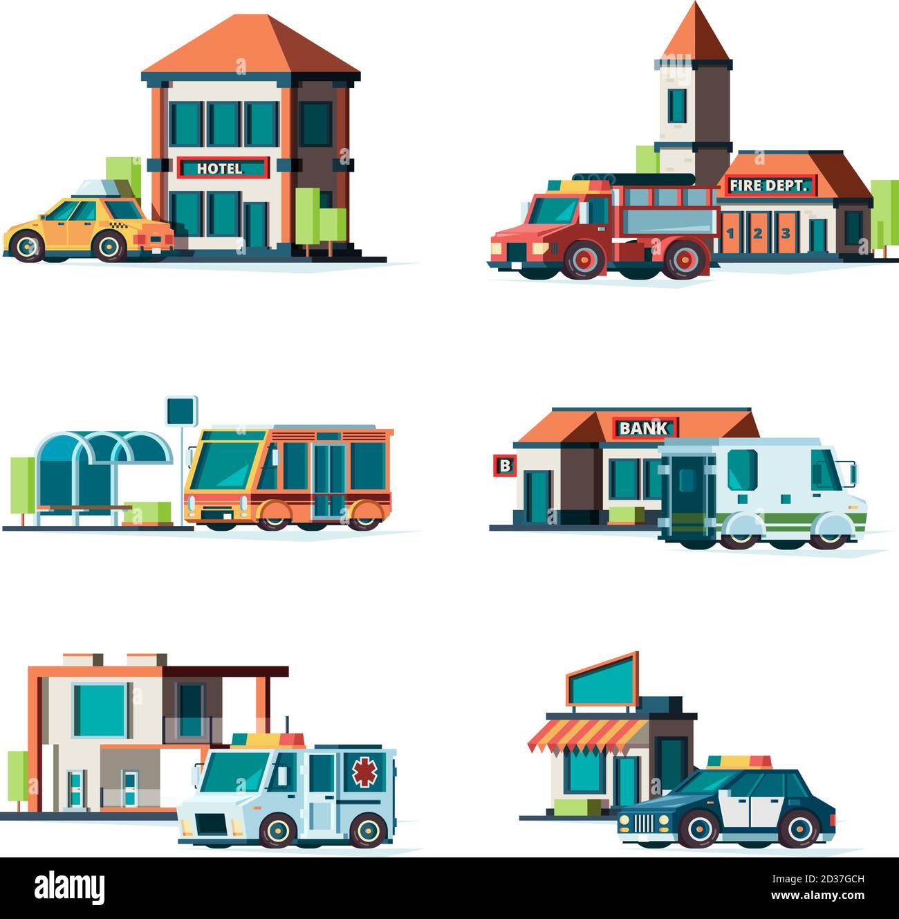 Municipal buildings. City cars near facade of buildings fire station