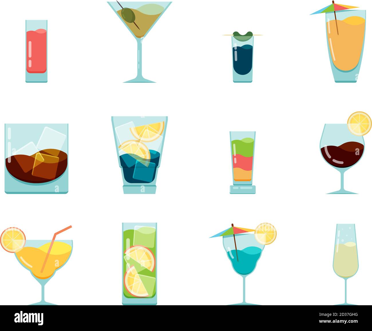 Cocktails flat icon. Alcoholic summer party drinks in glasses cuba libre cosmopolitan vodka mojito vector icon collection Stock Vector