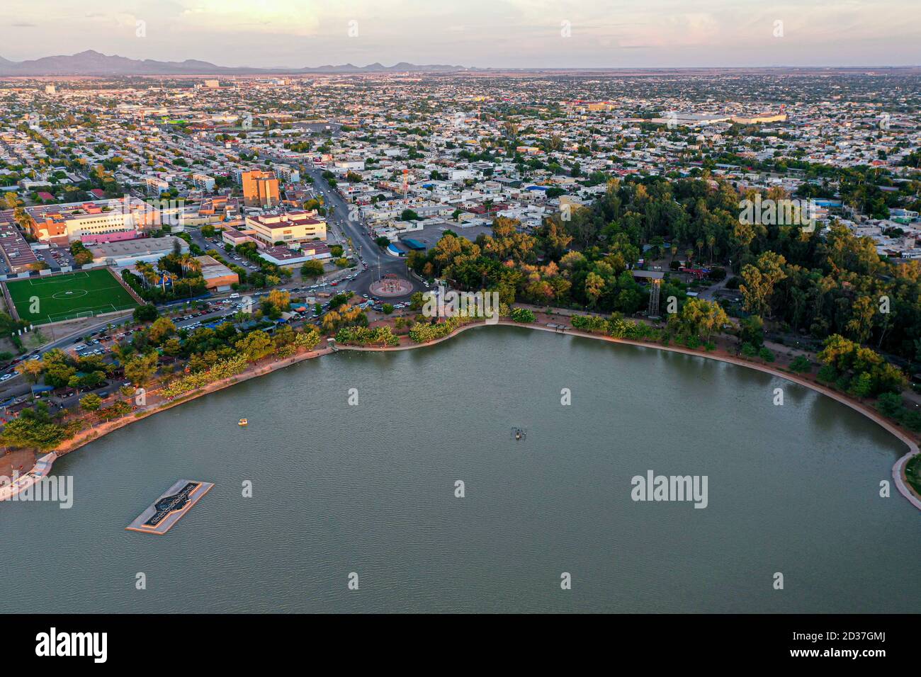 Aerial view of the Náinari Lagoon. Artificial lake in the western area of the city Obregón Aerial view of the Náinari Lagoon. Artificial lake in the western area of the city Obregón