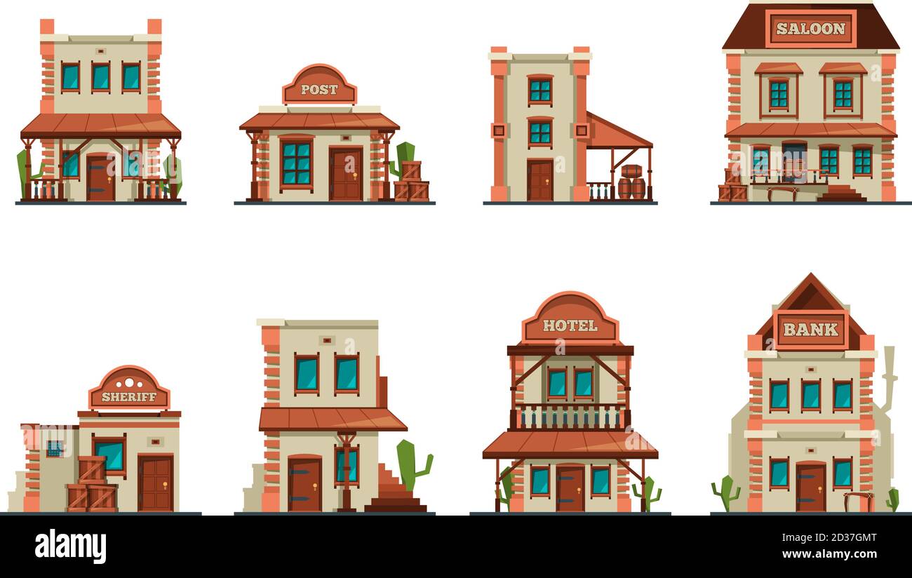 Western buildings. Wild west architectural constructions saloon vector collection Stock Vector