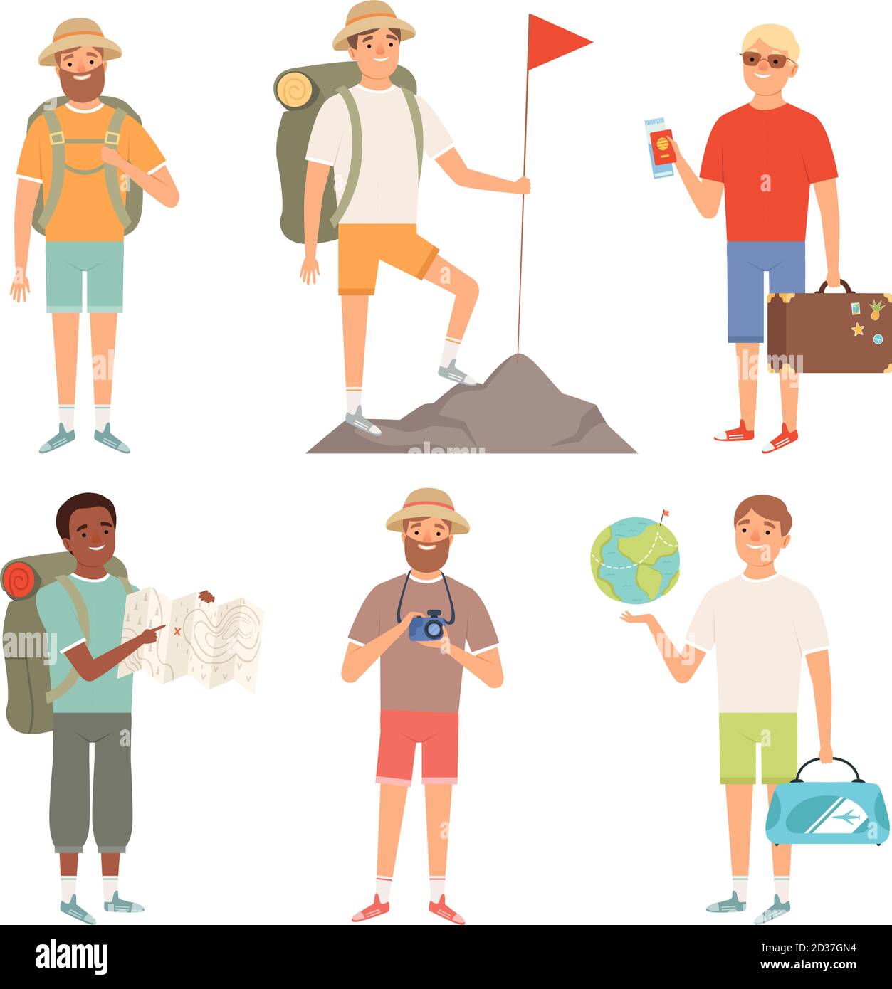 Tourist. Outdoor characters travellers hiking backpacker vector peoples adventure collection Stock Vector