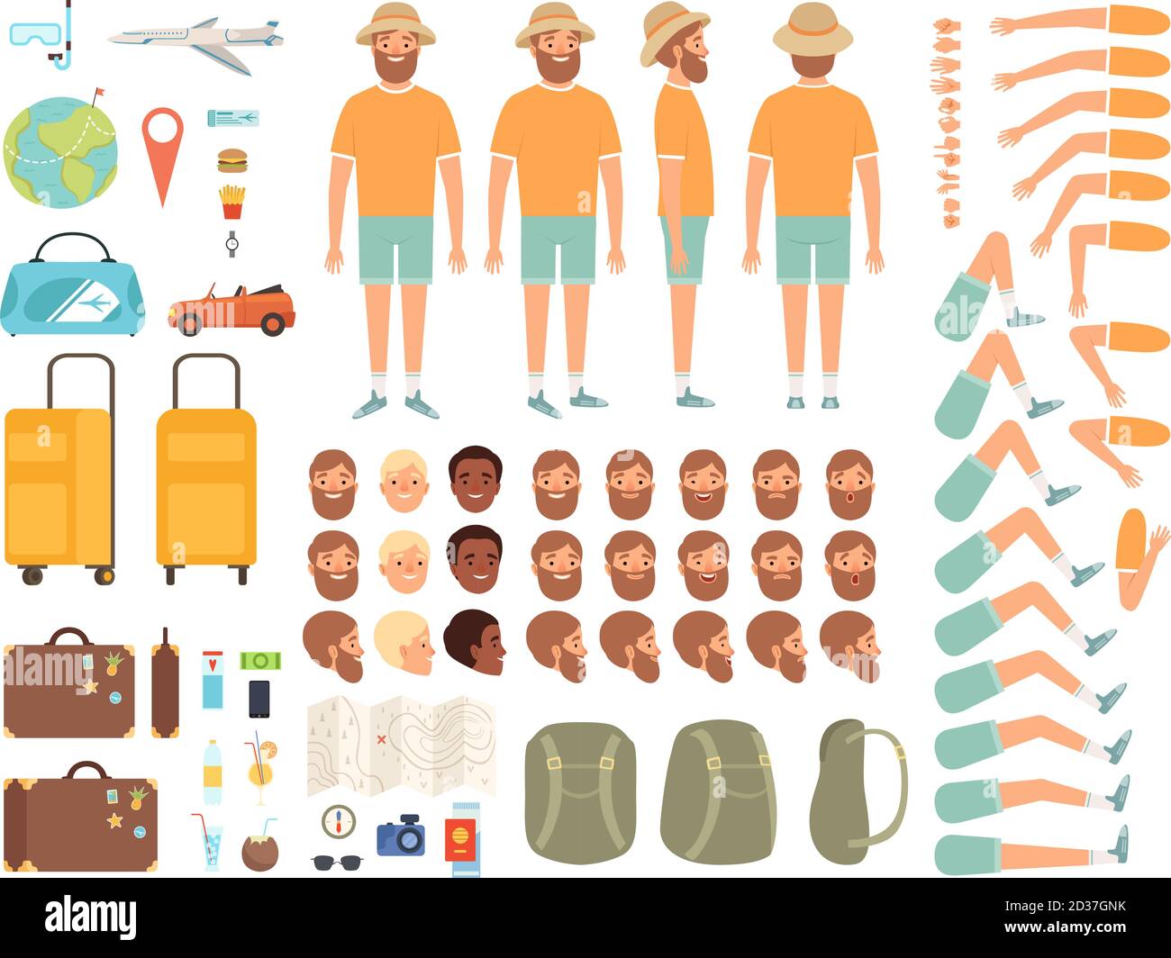 Tourist constructor. Male character body parts suitcase tickets and