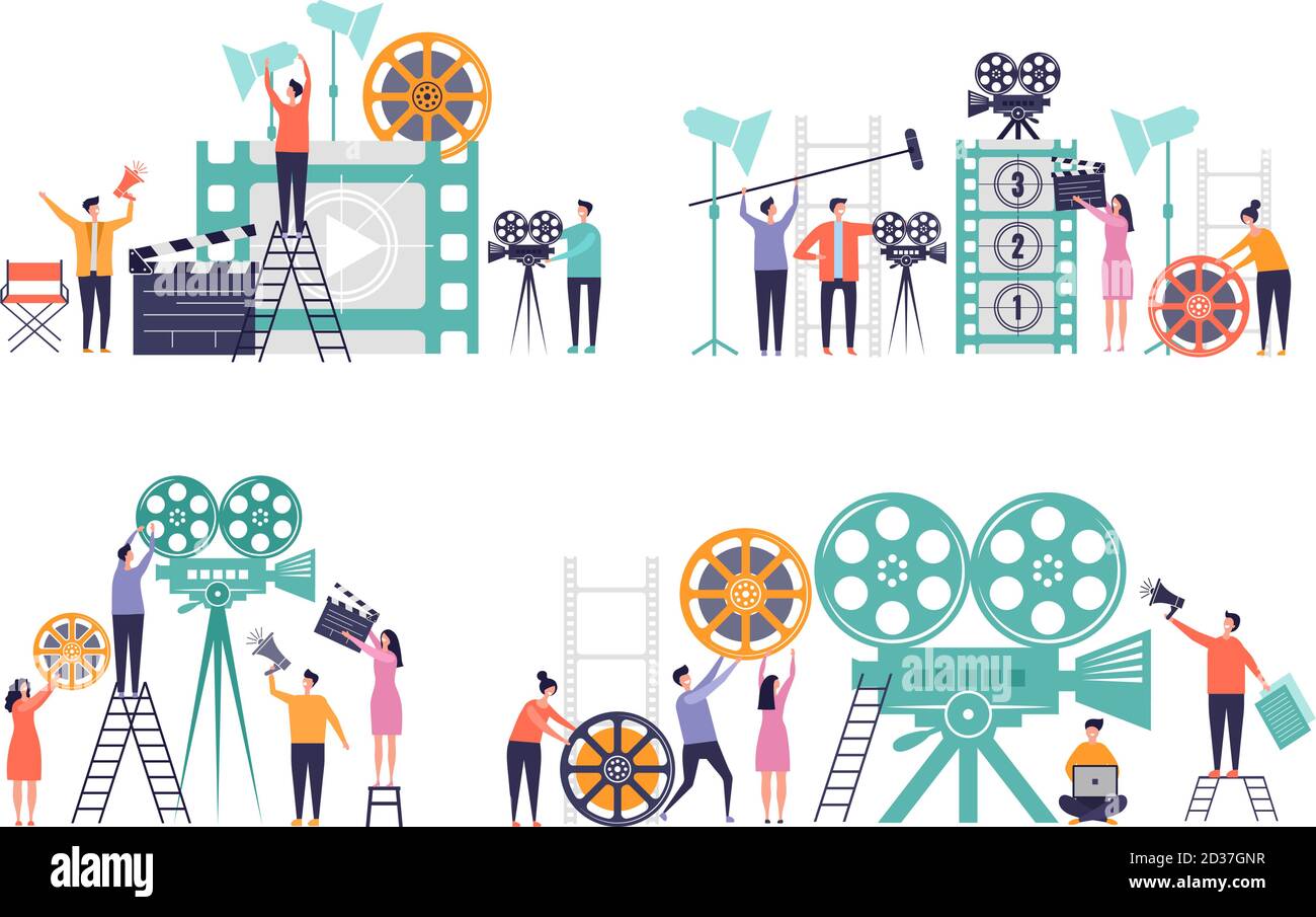 Movie production concept. Flat characters making films video camera clapboard filming person vector colored backgrounds Stock Vector