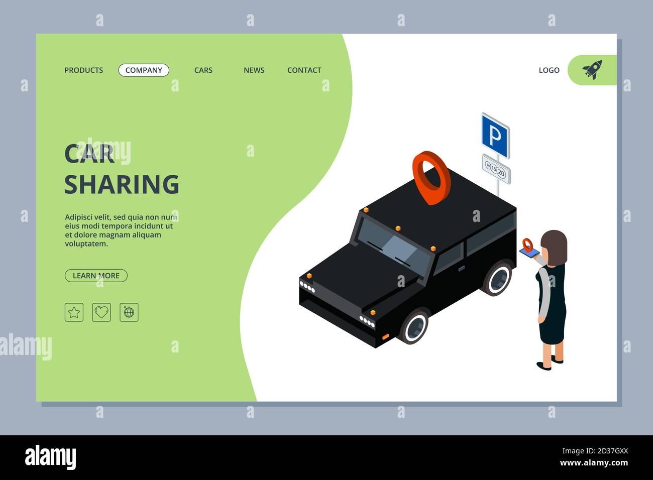 Car sharing landing page. Woman finds car with mobile app vector isometric concept Stock Vector